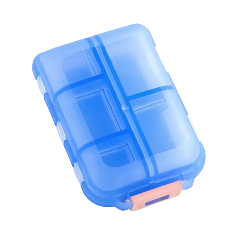 Translucent blue pill organizer.
