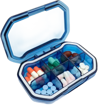 Blue pill organizer with various medications.