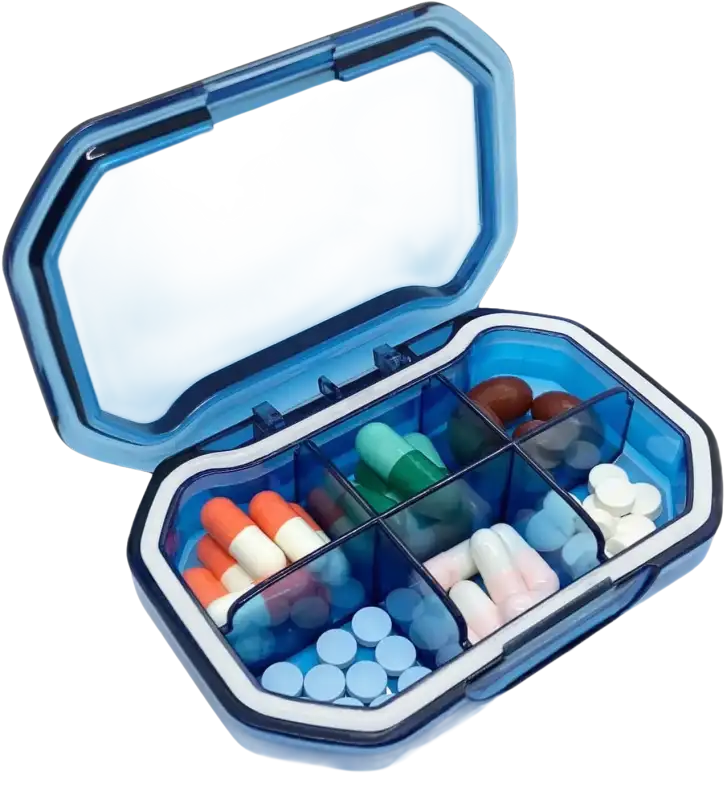 Blue pill organizer with various medications.