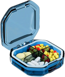 Blue pill organizer with various pills.