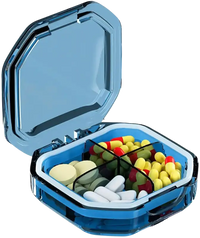 Blue pill organizer with various pills.