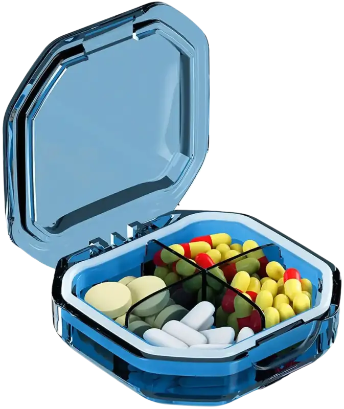 Blue pill organizer with various pills.