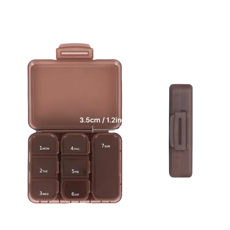 Brown pill organizer with size dimensions.