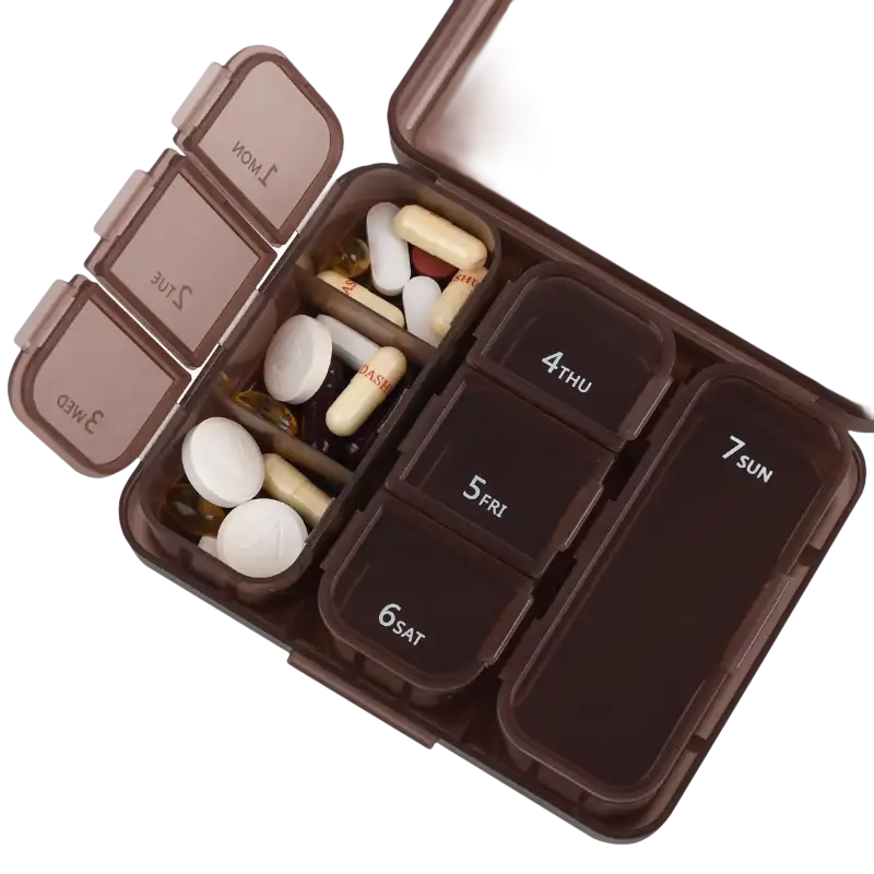 Brown pill organizer with daily compartments.