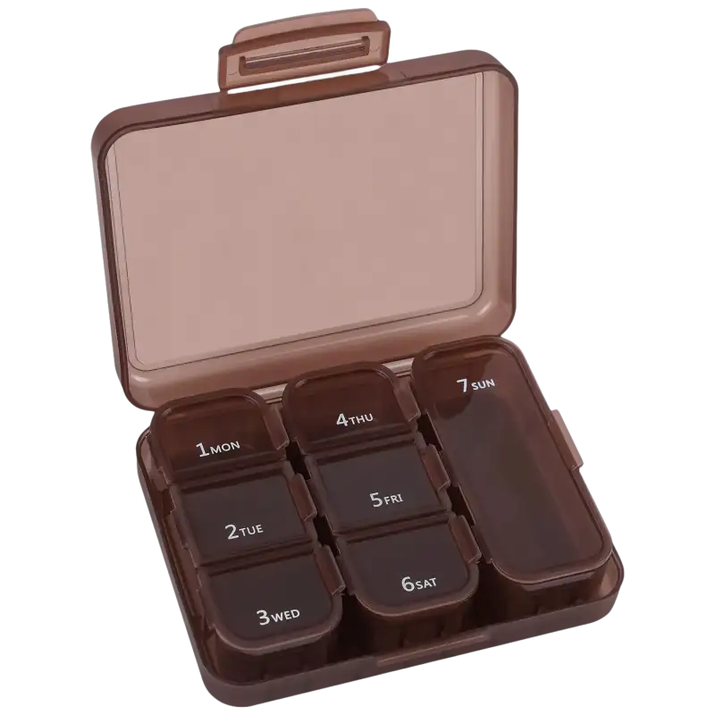 Brown plastic pill organizer.