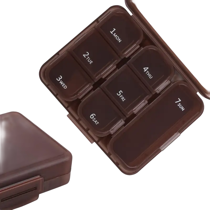 Brown weekly pill organizer.