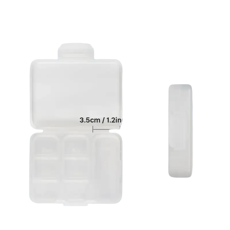 White plastic pill organizer with dimensions.