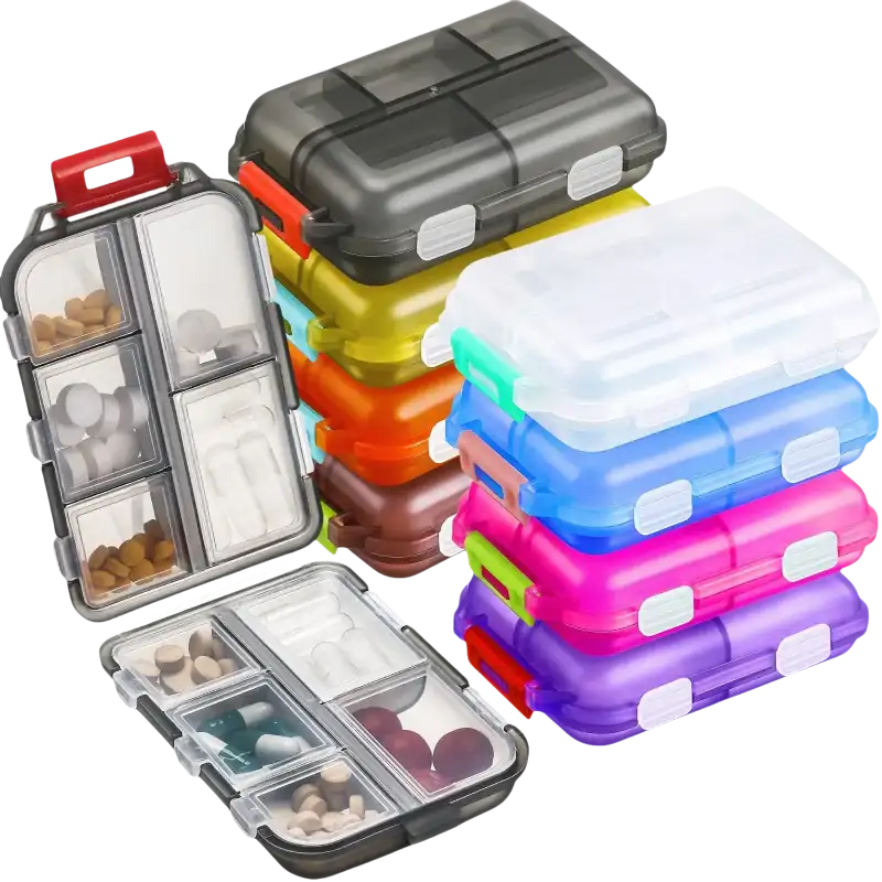 Colorful portable pill organizers.