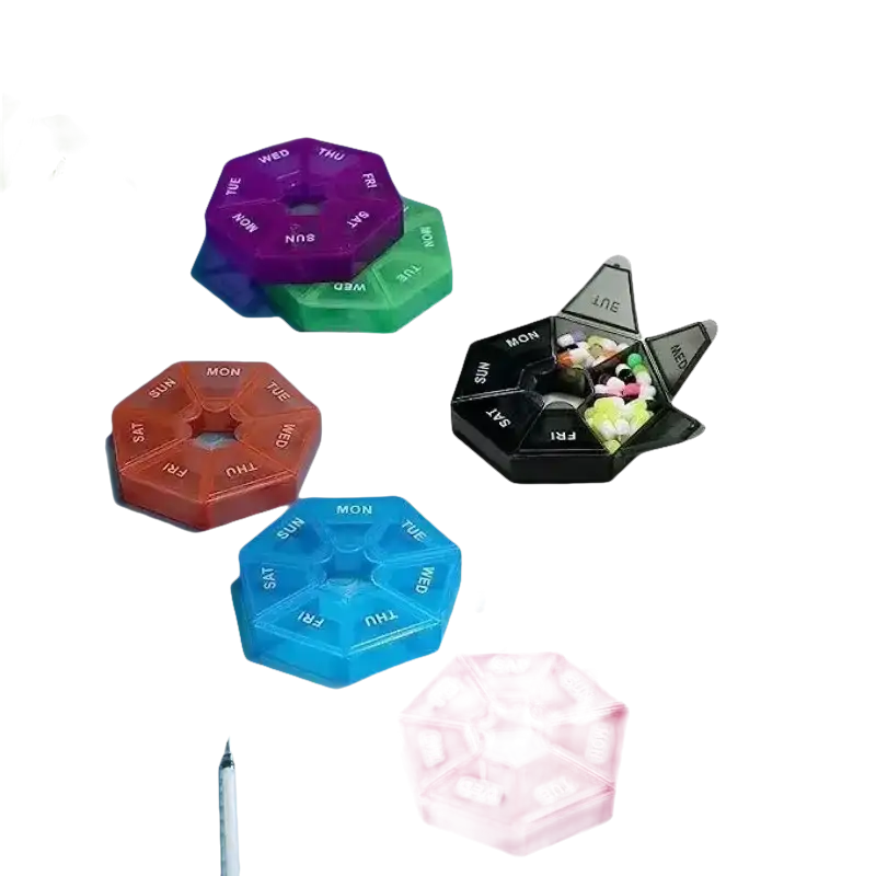 Colorful weekly pill organizers.