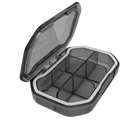 Open gray plastic storage box with dimensions.