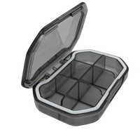 Open gray plastic storage box with dimensions.