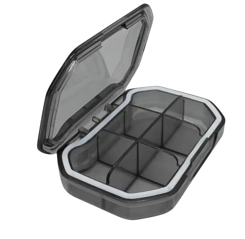 Open gray plastic storage box with dimensions.