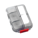 Translucent gray pill organizer with red latch.