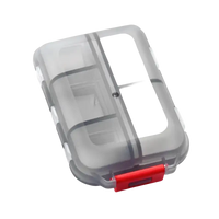 Translucent gray pill organizer with red latch.