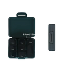 Dark green pill organizer with dimensions.