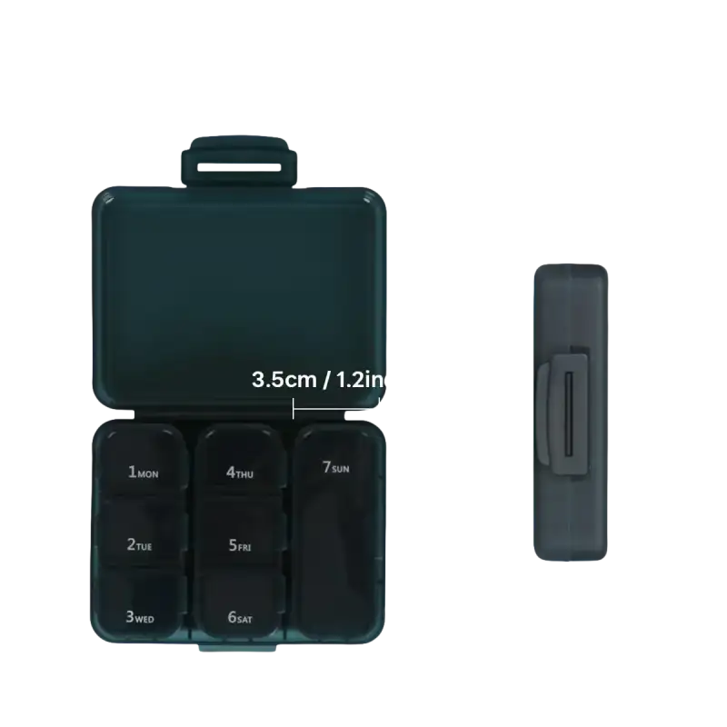 Dark green pill organizer with dimensions.