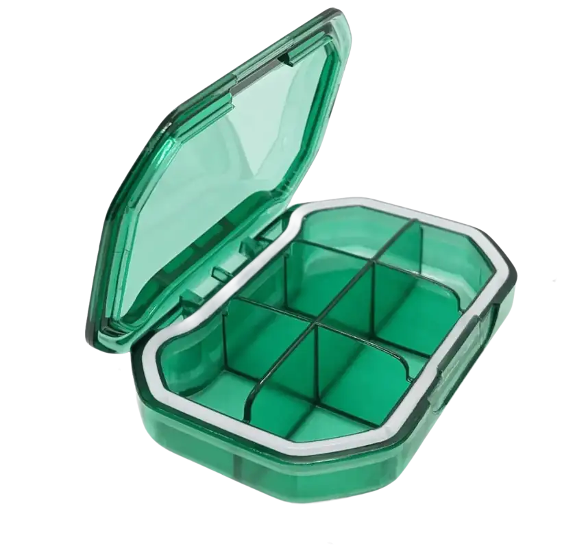 Green plastic six-compartment container.