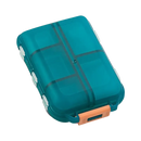 Translucent teal pill organizer.