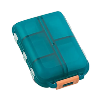 Translucent teal pill organizer.