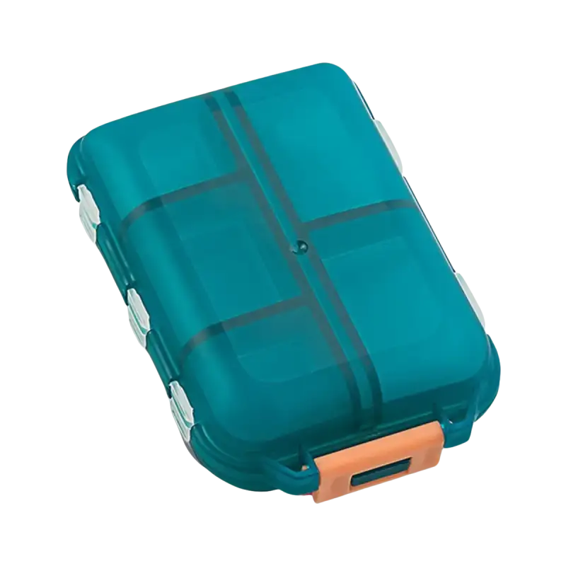 Translucent teal pill organizer.