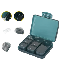 Green pill organizer with labeled compartments.