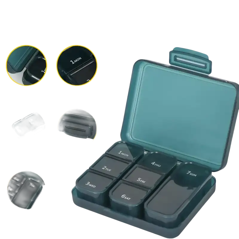 Green pill organizer with labeled compartments.