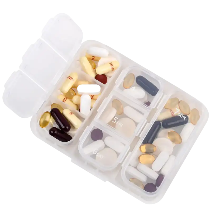 Pill organizer filled with various pills.