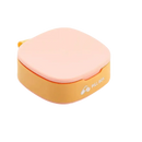 Peach and yellow pill box with dimensions.