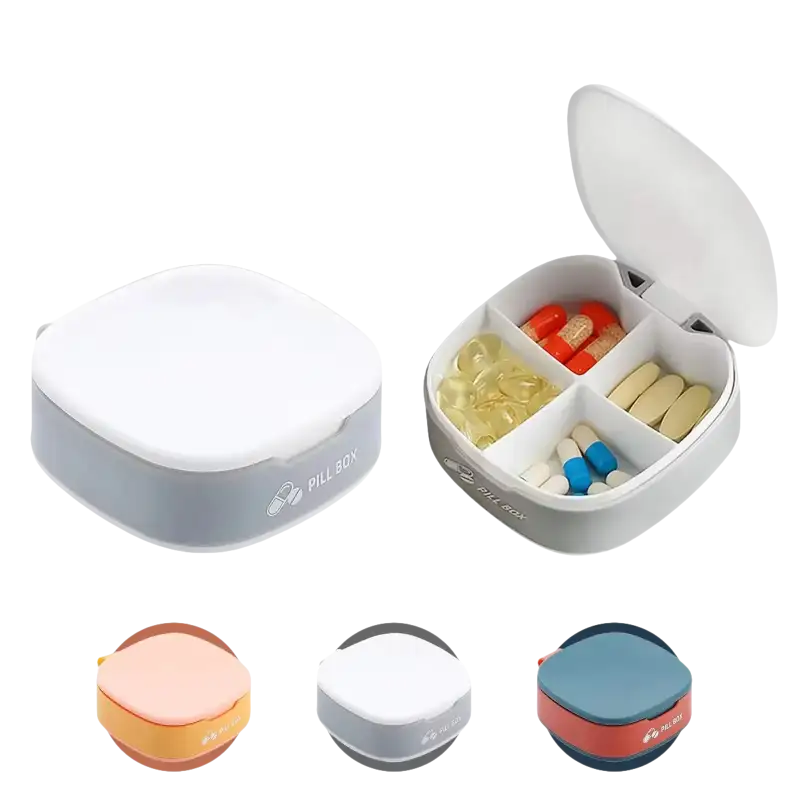 Square pill organizer with four compartments.