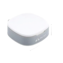White and gray pill box with dimensions.