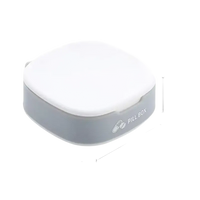 White and gray pill box with dimensions.