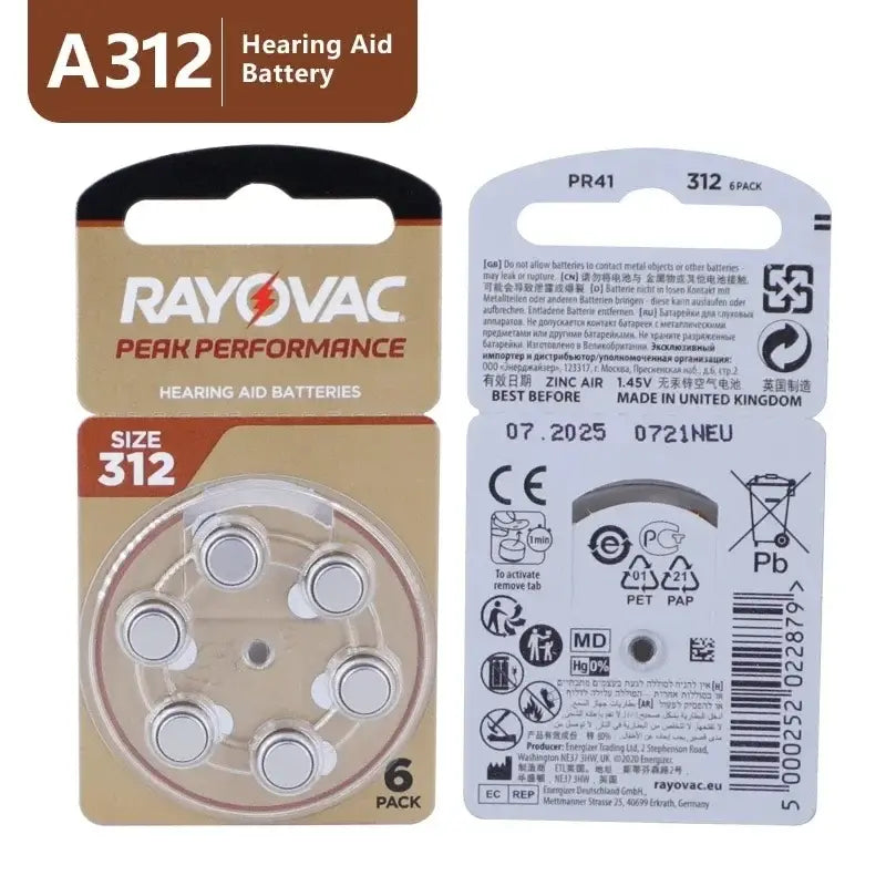 Hearing Aid Batteries 60 PCS Rayovac PEAK 1.45V High Performance 312 312A A312 PR41. Battery For BTE CIC RIC OE Hearing