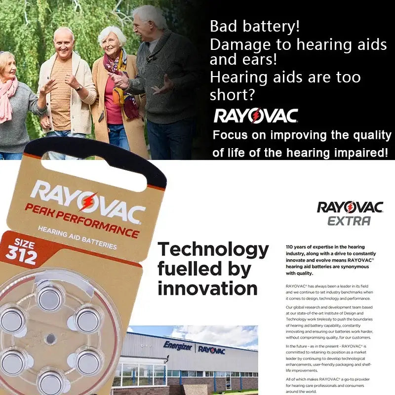 Hearing Aid Batteries 60 PCS Rayovac PEAK 1.45V High Performance 312 312A A312 PR41. Battery For BTE CIC RIC OE Hearing