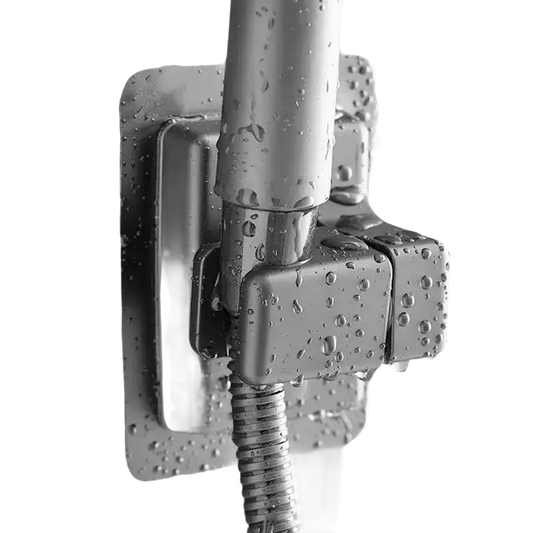 Chrome shower head holder with water droplets.