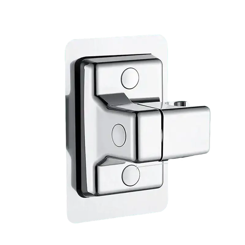 Chrome-plated towel hook with adhesive backing.