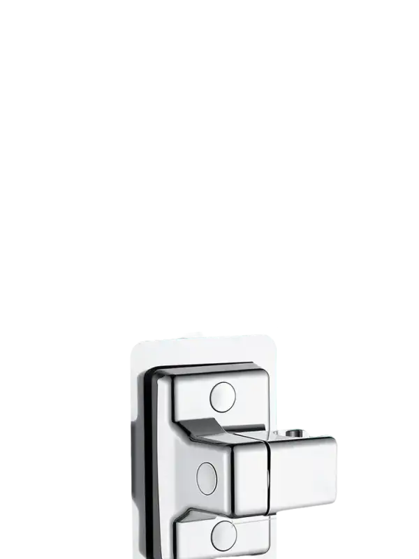 Silver and black shower bracket with dimensions.