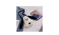 Dog-shaped plush purse with black strap and floppy ears.