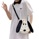 White dress with Snoopy purse.