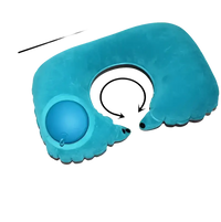 Inflatable blue neck pillow from Airpillo with trendy chill vibes and size info