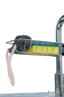 Faucet-mounted sponge holder.