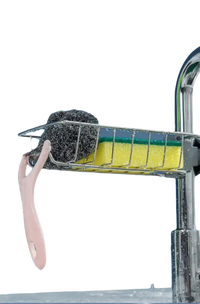 Faucet-mounted sponge holder.