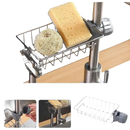 Faucet-mounted sponge holder.