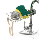 Faucet-mounted sponge holder with cleaning supplies.