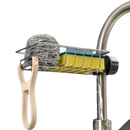 Faucet sponge holder with cleaning supplies.