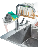 Stainless steel kitchen sink with faucet and accessories.