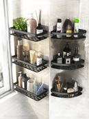 Black bathroom shelves with toiletries.