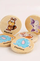 Wooden animal-themed learning discs.