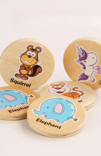Wooden animal-themed learning discs.