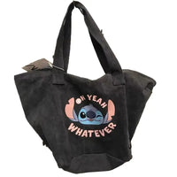 Black tote bag with Stitch graphic.