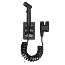 Black bidet sprayer with coiled hose.